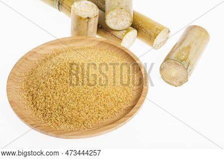 Wooden Dish With Brown Sugar On White Background