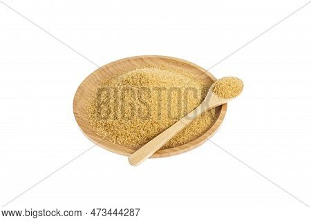 Wooden Dish With Brown Sugar On White Background