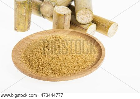 Wooden Dish With Brown Sugar On White Background