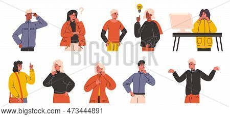 Thoughtful Characters. Cartoon Concerned People. Complex Problems Solution. Idea Search. Doubting Me