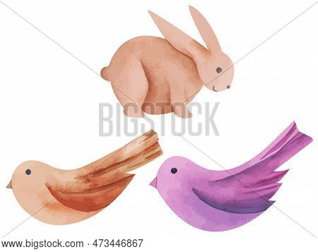 Vector Illustration Of Birds And Rebbit In Simple Hand Drawn. Natural Print. Easter Decor