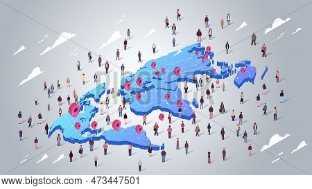 Multiethnic People Group On World Map With Location Pins Touristic Route Navigation Trip Journey Pla