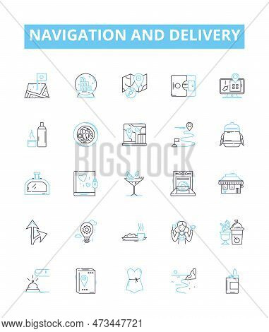 Navigation And Delivery Vector Line Icons Set. Navigation, Delivery, Tracking, Fleet, Logistics, Rou