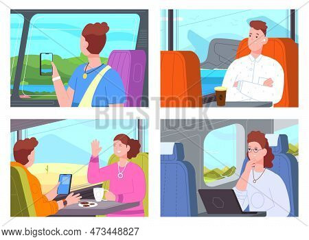 People Look Transport Windows. Tourist Characters Travelling In Airplane Bus Train And Look Ocean Or