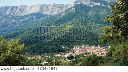 Potamia Village On Thasos Or Thassos Greek Island In The North Aegean Sea.