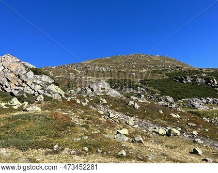 Autumn Alpine Pastures On The High Mountain Tops In The Albula Alps And Above The Swiss Mountain Roa