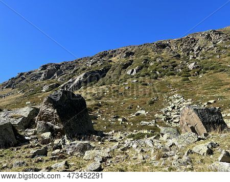 Autumn Alpine Pastures On The High Mountain Tops In The Albula Alps And Above The Swiss Mountain Roa