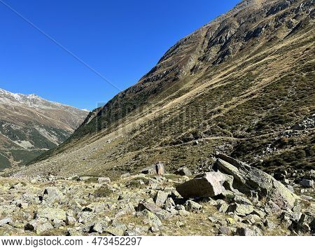 Autumn Alpine Pastures On The High Mountain Tops In The Albula Alps And Above The Swiss Mountain Roa