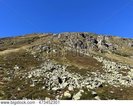 Autumn Alpine Pastures On The High Mountain Tops In The Albula Alps And Above The Swiss Mountain Roa