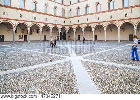 Milan, Italy - May 10, 2018: This Is A View Of The Courtyard Towards The Walls And Arcades Of The Me