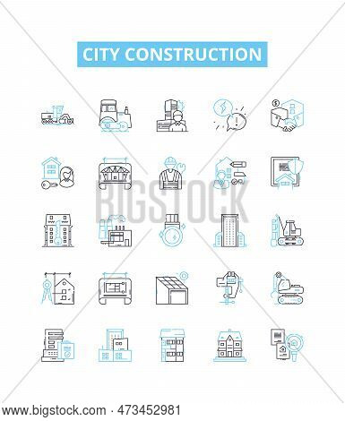 City Construction Vector Line Icons Set. Urbanization, Architecture, Infrastructure, Building, Redev