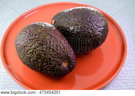 Two Fresh Ripe Raw Hass Avocados, Close Up, Healthy Food Concept