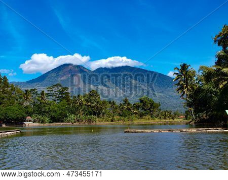 The Scenery Of Lake Against Mountains And Blue Sky In Garut, Indonesia.
