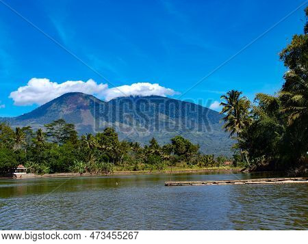 The Scenery Of Lake Against Mountains And Blue Sky In Garut, Indonesia.