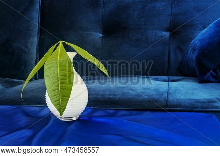 Leaves Of A Pachira Aquatica In A Small White Glass Vase On A Blue Silk Tablecloth