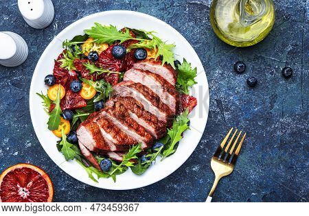 Duck Salad With Grilled Breast With Red Orange, Kumquat, Blueberry And Chard, Frisse, Mizuna And Aru