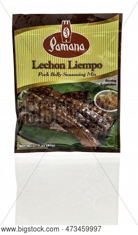 Winneconne, Wi - 19 March 2023: A Package Of Pamana Lechon Liempo Pork Belly Seasoning Mix On An Iso