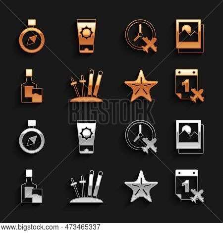 Set Ski And Sticks, Photo, Calendar Airplane, Starfish, Whiskey Bottle Glass, Clock With, Compass An