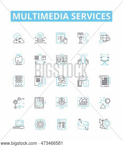 Multimedia Services Vector Line Icons Set. Multimedia, Services, Audio, Video, Animation, Messaging,