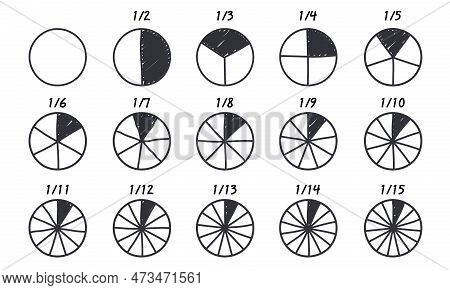 Circles Divided Into Parts From 1 To 15. Doodle Outline Round Chart For Infographic, Pie Portion Or 
