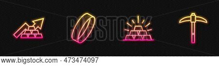 Set Line Gold Bars, Growth Arrow With Gold, Ring And Pickaxe. Glowing Neon Icon. Vector