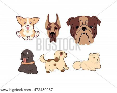 Set Of Cute Cartoon Dogs. Vector Illustration Isolated On White Background.