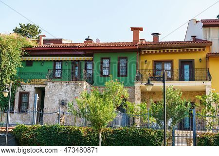 Narrow Street With Ancient Buildings. View Narrow Alley With Beautiful Old Architecture. Antalya, Tu