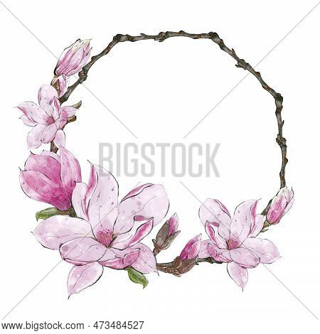 Floral Wreath, Watercolor Magnolia Flower. Gesign Element For Wedding Invitation And Greeting Card