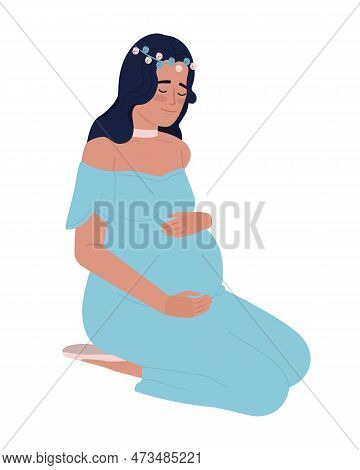 Soon-to-be Mother Hugging Pregnant Belly Semi Flat Color Vector Character