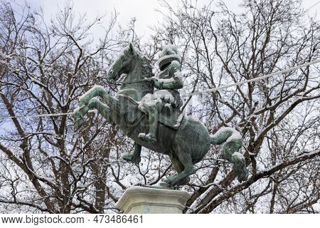 Innsbruck, Austria - February 26, 2023: Equestrian Statue Of Archduke Leopold V On Rennweg Street. F
