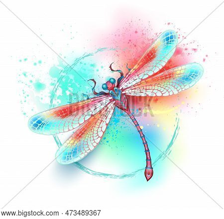 Red, Flying, Artistically Drawn, In Bright Colors With Textured Iridescent, Blue Wings On White Back
