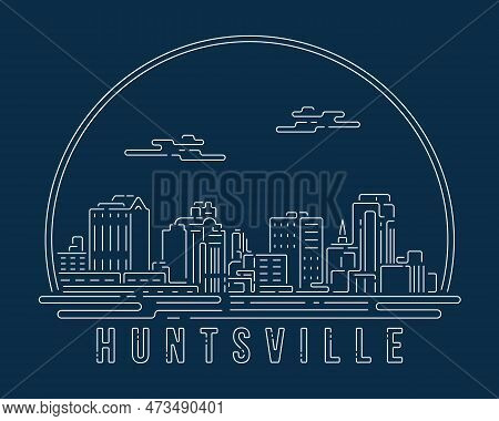 Huntsville - Cityscape With White Abstract Line Corner Curve Modern Style On Dark Blue Background, B