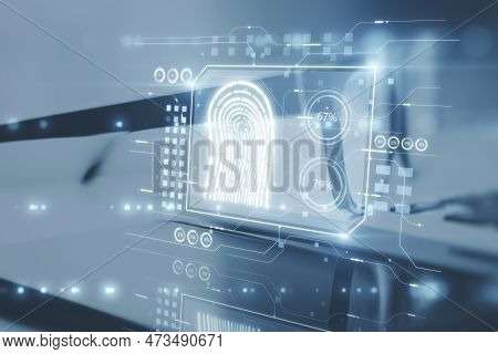 Creative Fingerprint Hologram On Blurry Background. Concept Of Fingerprint, Biometrics, Information 