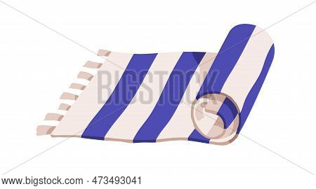 Rolled Runner Rug With Tassels. Long Floor Carpet Of Rectangle Shape. Interior Striped Mat For Hallw