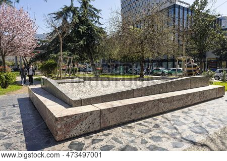 Tirana, Albania. March 2023.  The Fountain In Hunyadi Square In The City Center, Called 