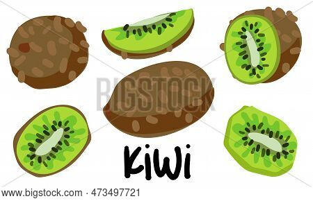 A Set Of Kiwis In Different Versions Is Whole And In Section. Kiwi Chopped, Half. Peel Kiwi, Green F