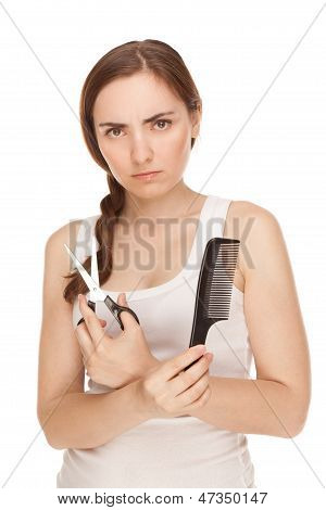 Anger Woman With Comb And Sissors (focus On Woman)