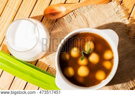 Bubur Candil Or Indonesian Rice Flour Porridge With Sweet Potato Sticky Rice Balls, Served With Palm
