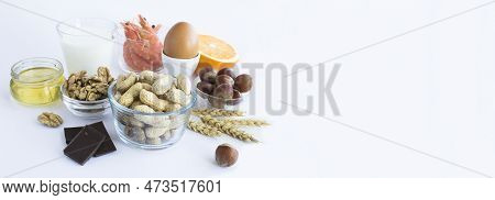 Food Allergens On The White  Background. Close-up. Copy Space. Food Allergy Concept.