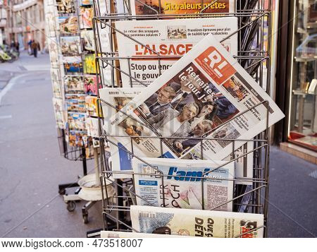 Paris, France - Mar 20, 2023: Press Kiosk With Multiple French Press Newspaper Featuring Elisabeth B