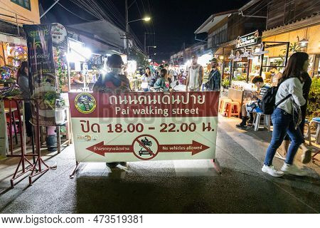 Pai, Thailand, 26 March, 2023: Pai Night Street Market Or Walking Street Operates Daily From 6pm To 