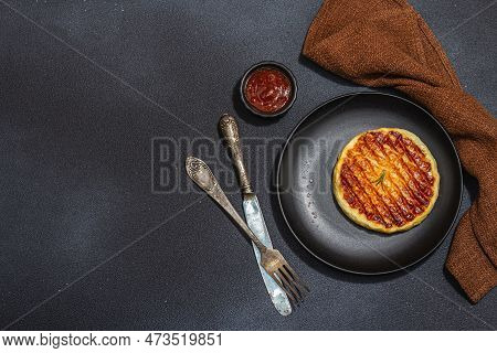 Grilled Halloumi Cheese Served On Plate. Cutlery, Traditional Food For Picnic Or Bbq