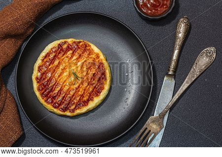 Grilled Halloumi Cheese Served On Plate. Cutlery, Traditional Food For Picnic Or Bbq