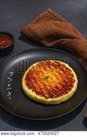 Grilled Halloumi Cheese Served On Plate. Cutlery, Traditional Food For Picnic Or Bbq