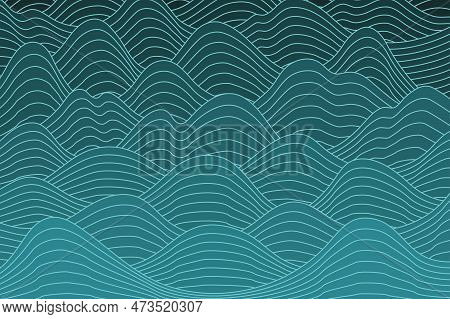 Mountains Landscape, Clouds, Waves Abstract Background. Asian Style Vector Illustration. Hand Drawn 