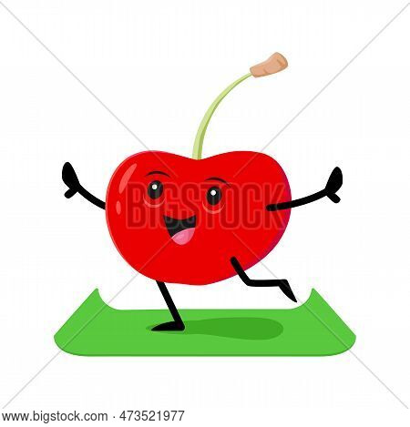 Cartoon Cherry Berry Character Standing On Mat In Yogic Asana. Isolated Vector Humorous Personage Pa