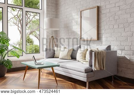 Cozy Living Room Interior In Room Corner; Sunlight Shining Trough Window; Floorlamp And Couch Table 