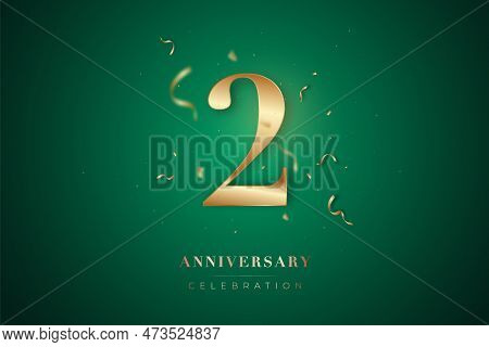 2st Anniversary Celebration Greeting Card. Golden Metallic Number 2 With Sparkling Confetti On Green