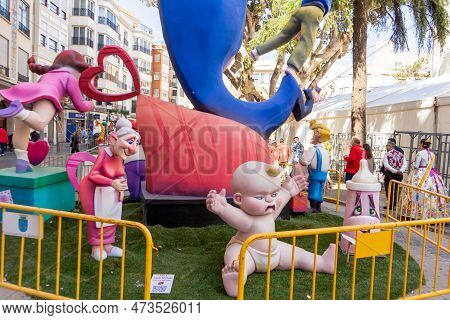Burriana, Spain 18-03-2023: View Of The Sculpted Monument For Its Exhibition And Its Burning In The 