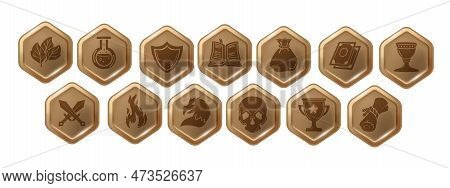 Rpg Game Icon Set, Vector Hexagon Ui Badge Kit, Mobile App Button Collection, Health Heal Sign. Dung